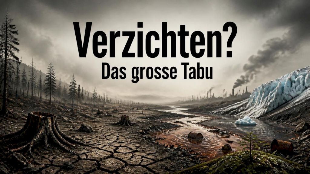Text „Verzichten?“ und „Das grosse Tabu“ in schwarzer Schrift auf dem Hintergrund einer zerstörten Landschaft.