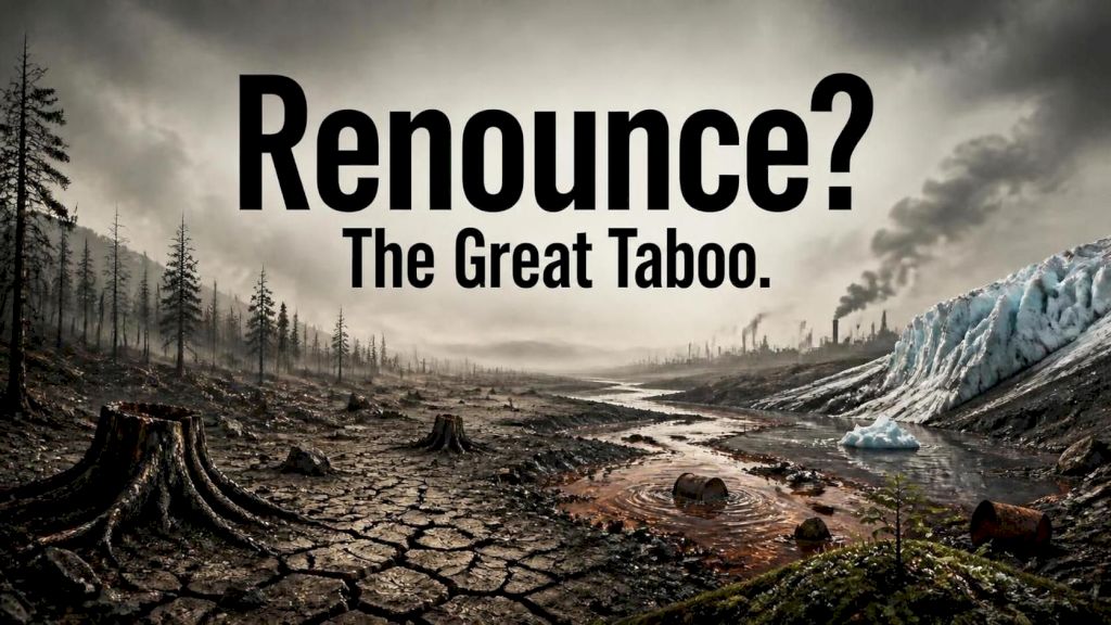Text reading “Renounce?” and “The Great Taboo” over a background of a destroyed landscape